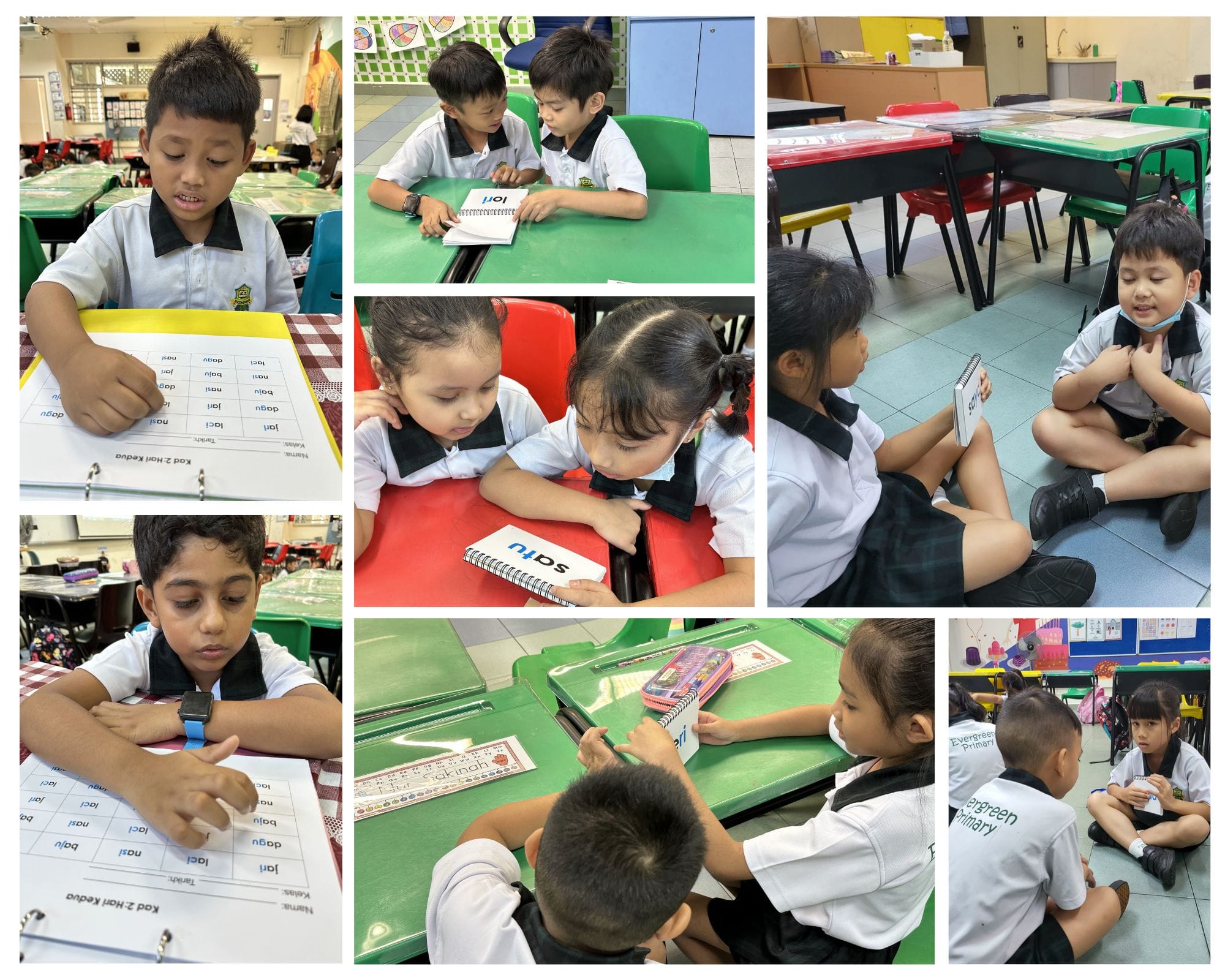 Young students in school uniforms reading word cards and worksheets together in a classroom setting.